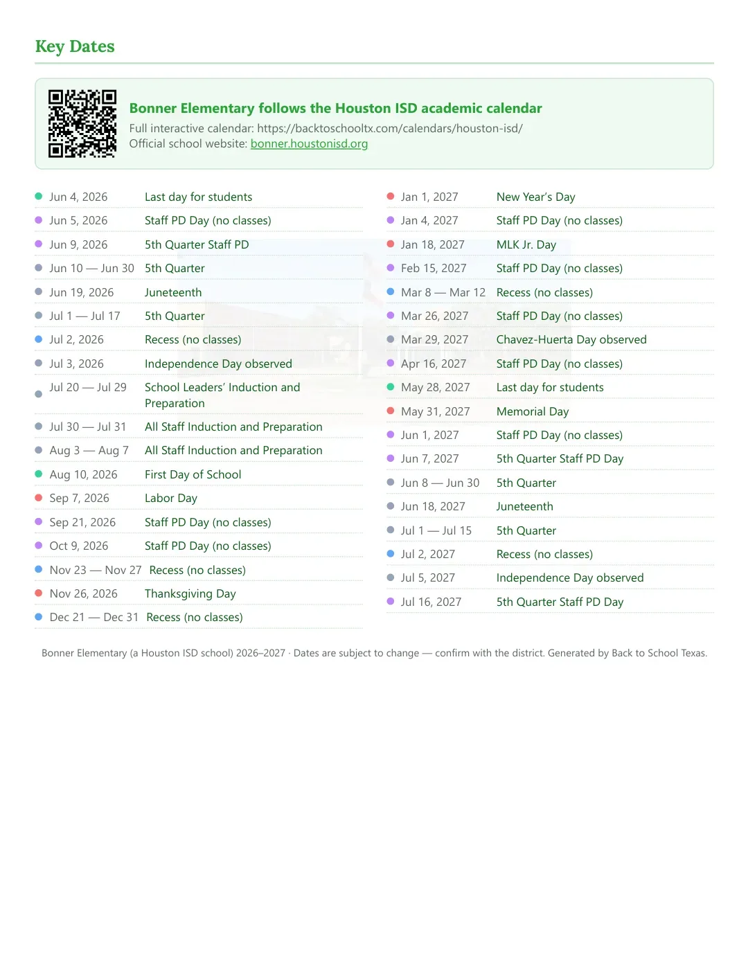 Bonner Elementary Calendar for the Year 26-27 — key dates