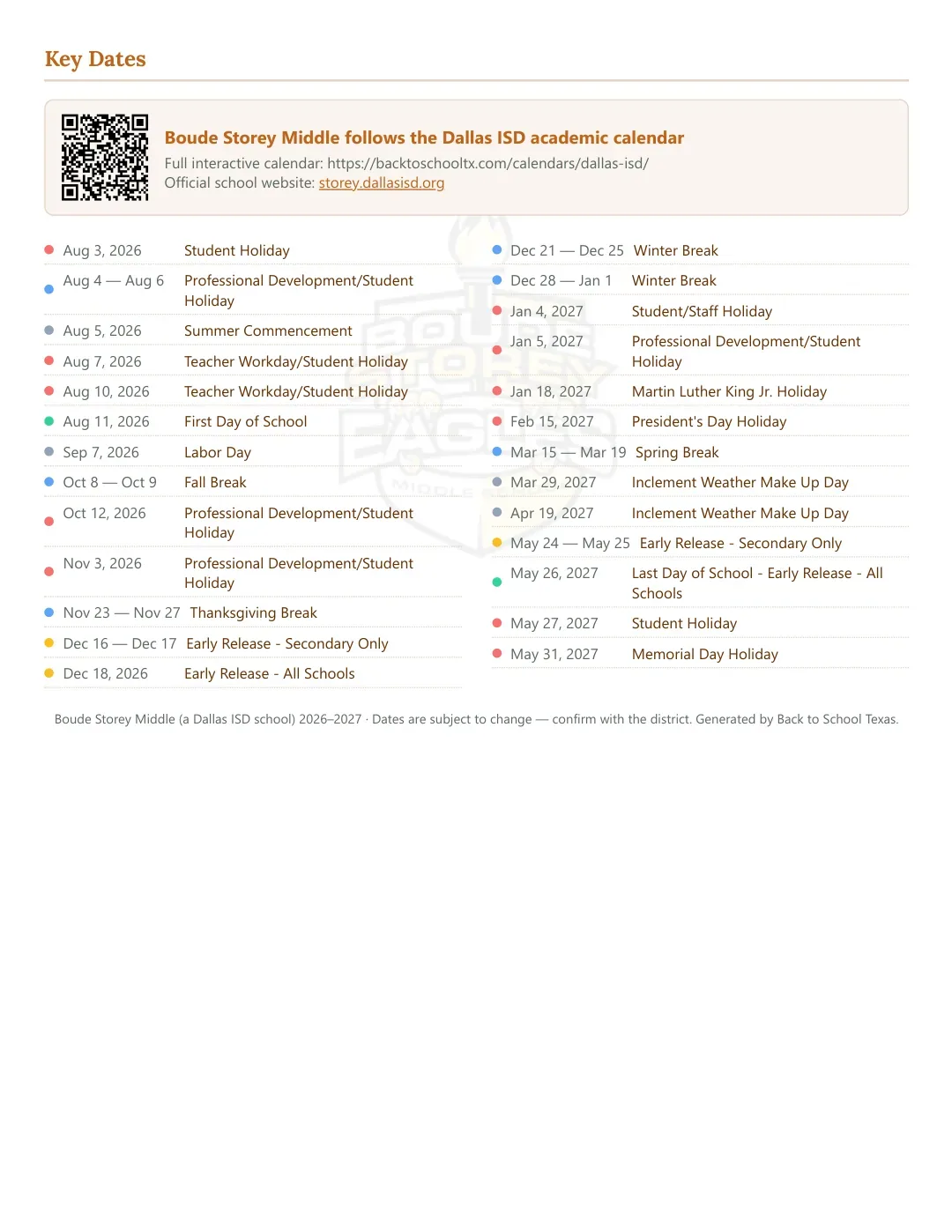 Boude Storey Middle Calendar for the Year 26-27 — key dates