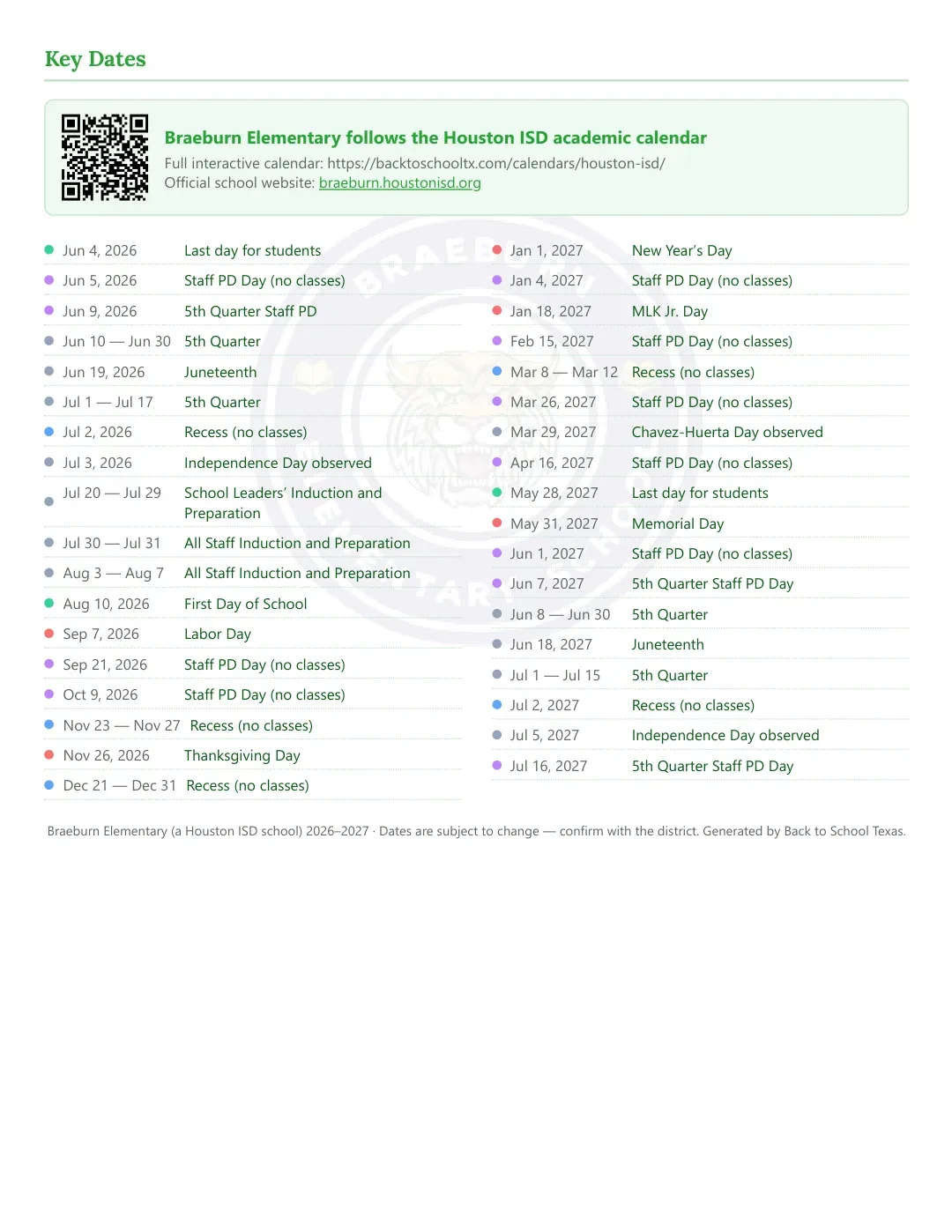 Braeburn Elementary Calendar for the Year 26-27 — key dates