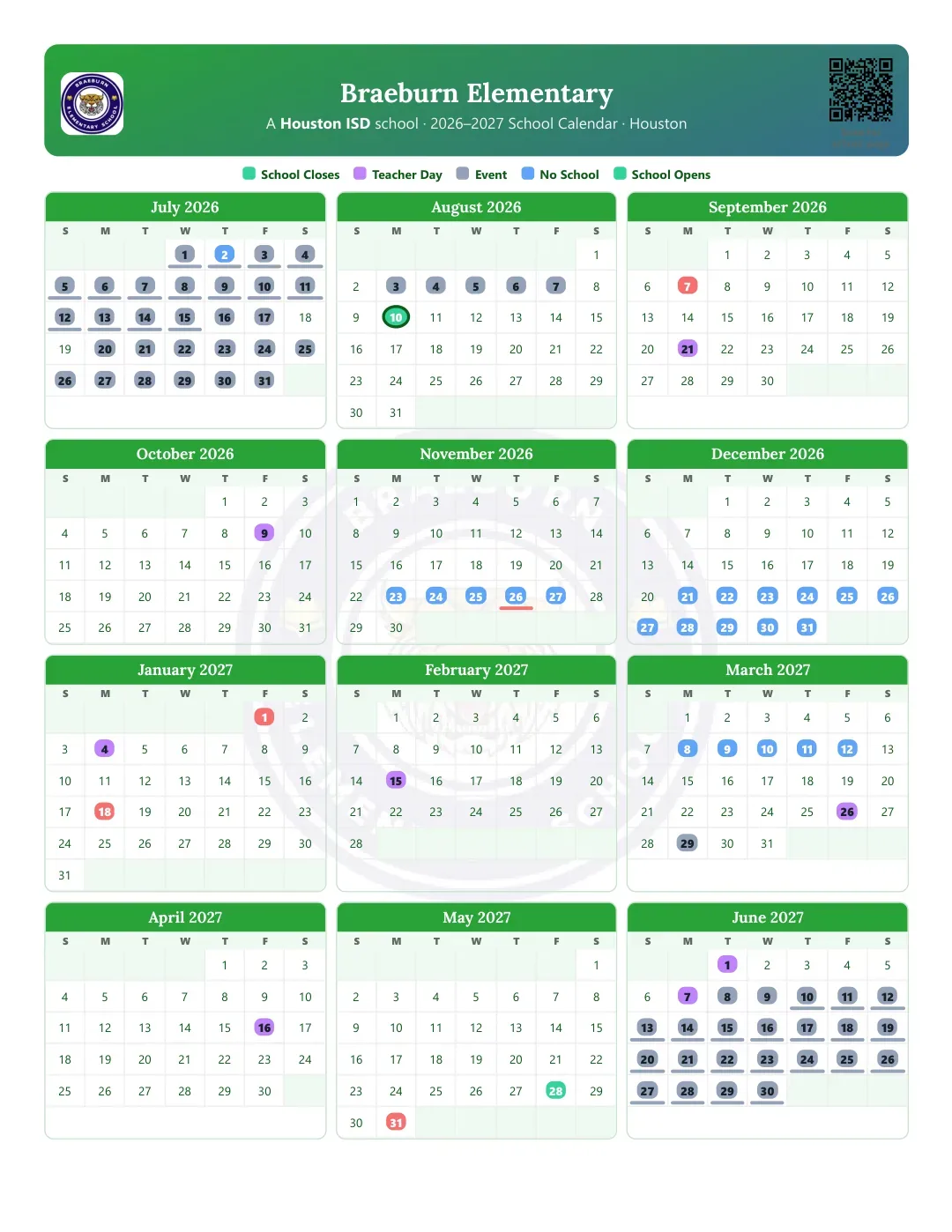 Braeburn Elementary Calendar for the Year 26-27