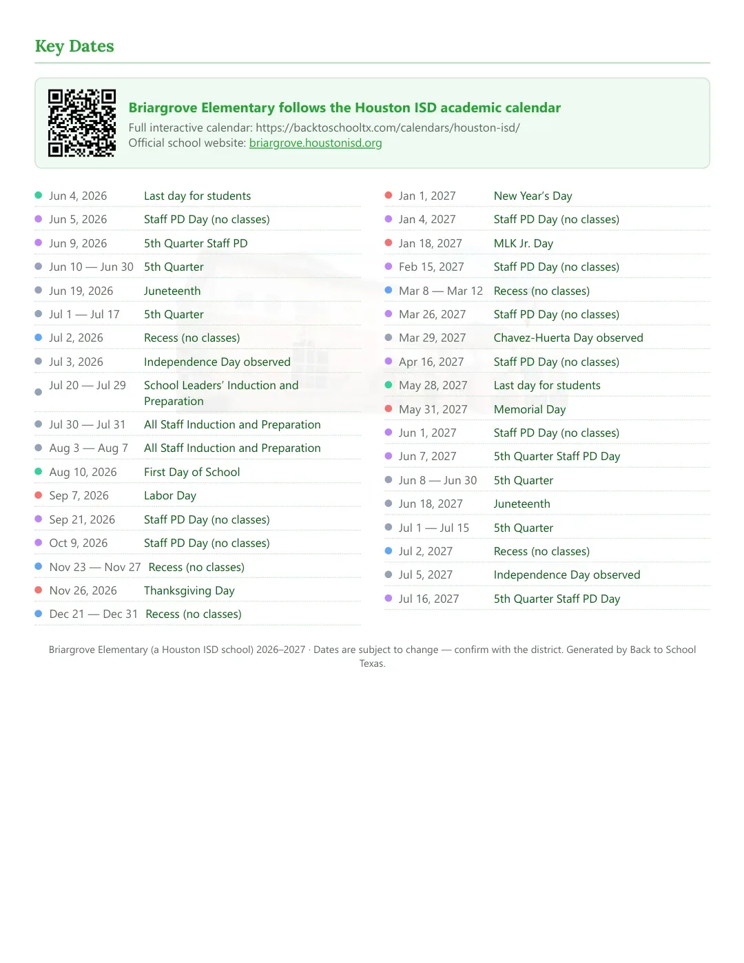 Briargrove Elementary Calendar for the Year 26-27 — key dates