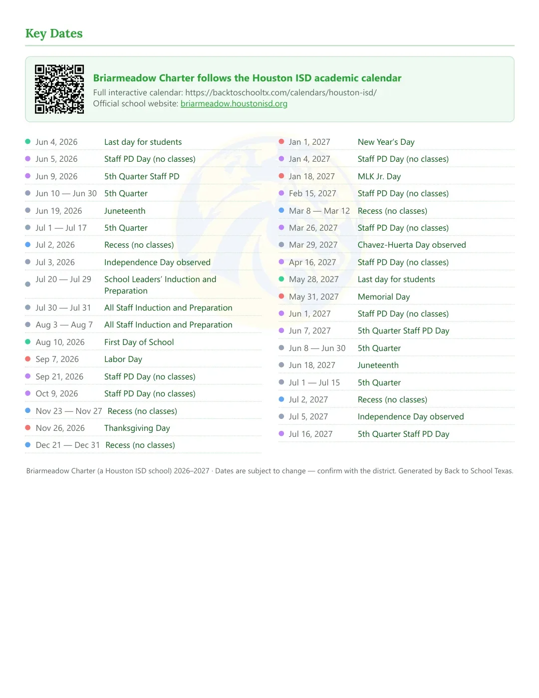 Briarmeadow Charter Calendar for the Year 26-27 — key dates