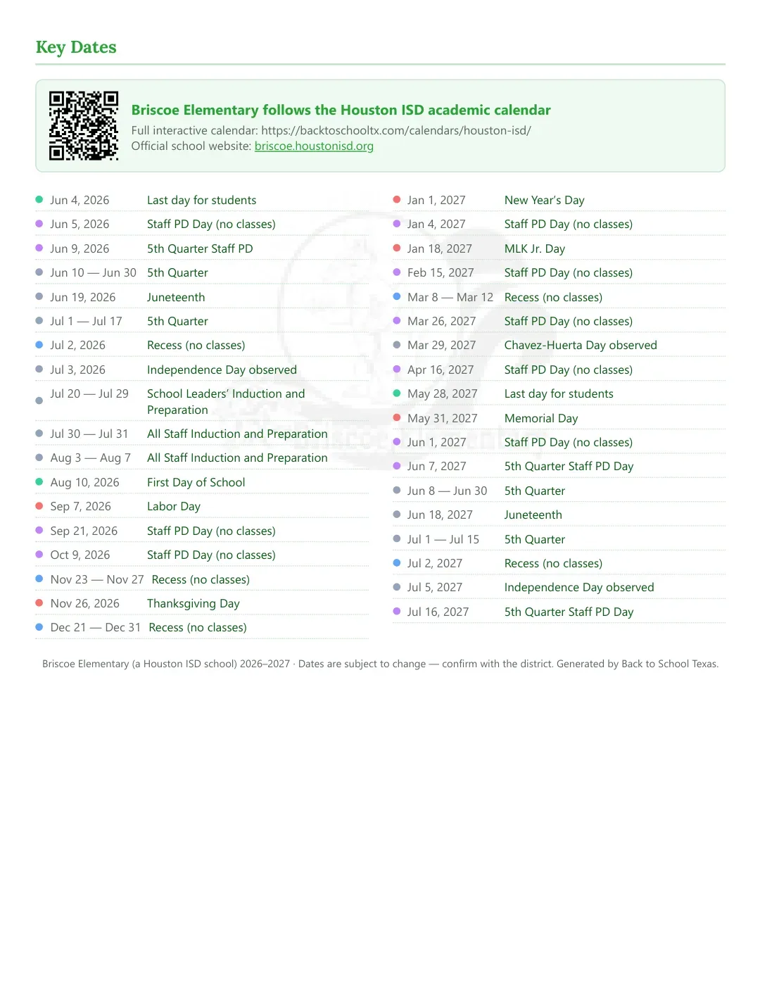 Briscoe Elementary Calendar for the Year 26-27 — key dates