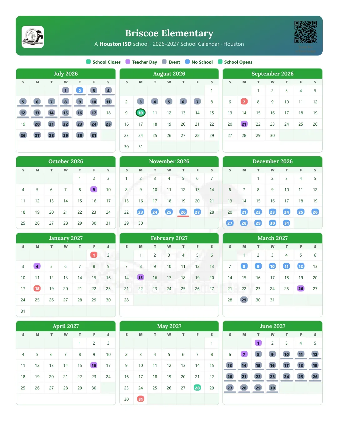 Briscoe Elementary Calendar for the Year 26-27