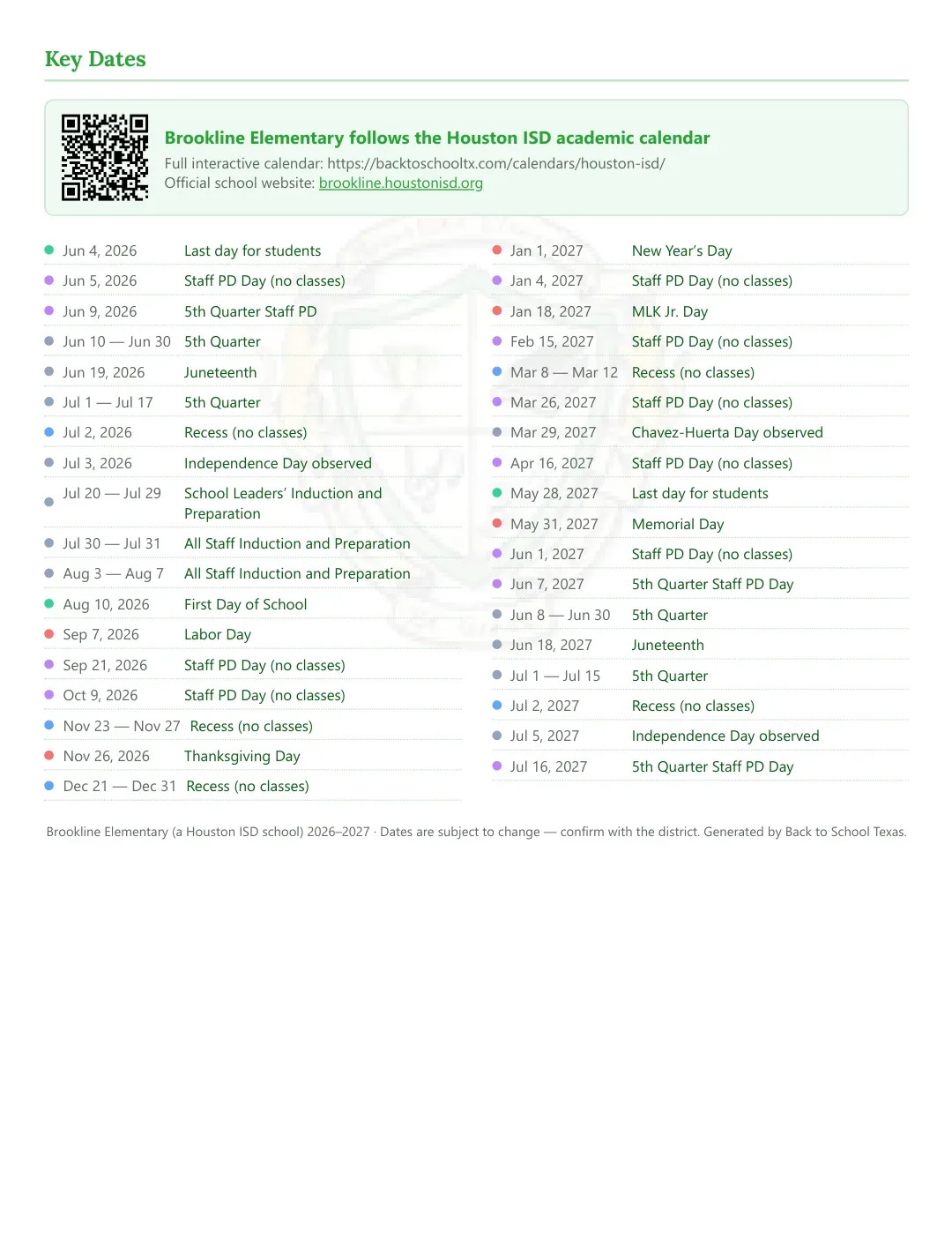 Brookline Elementary Calendar for the Year 26-27 — key dates