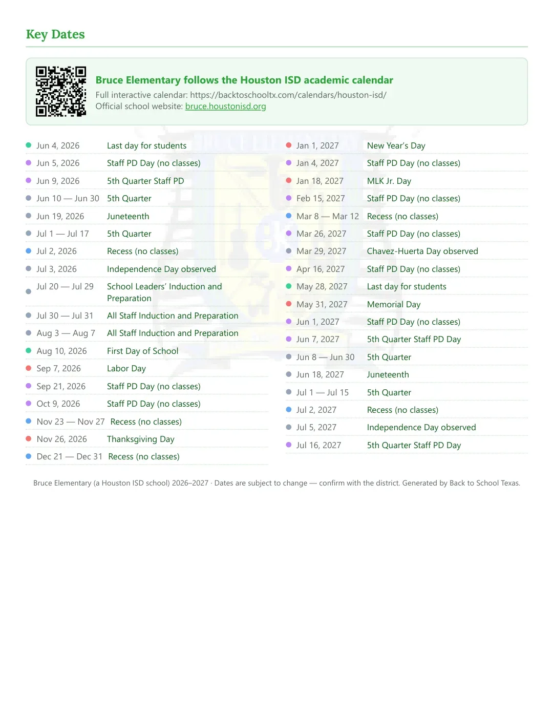 Bruce Elementary Calendar for the Year 26-27 — key dates
