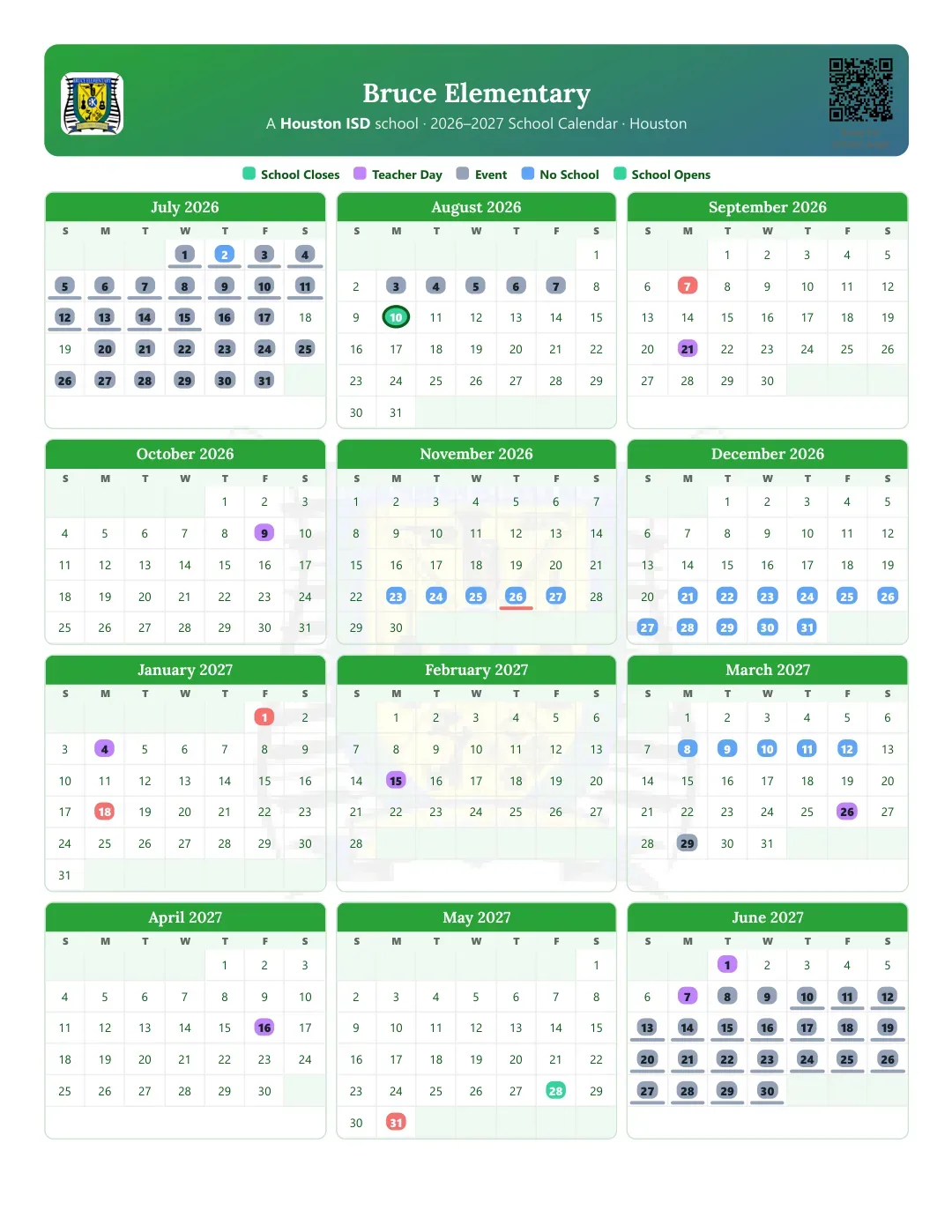 Bruce Elementary Calendar for the Year 26-27