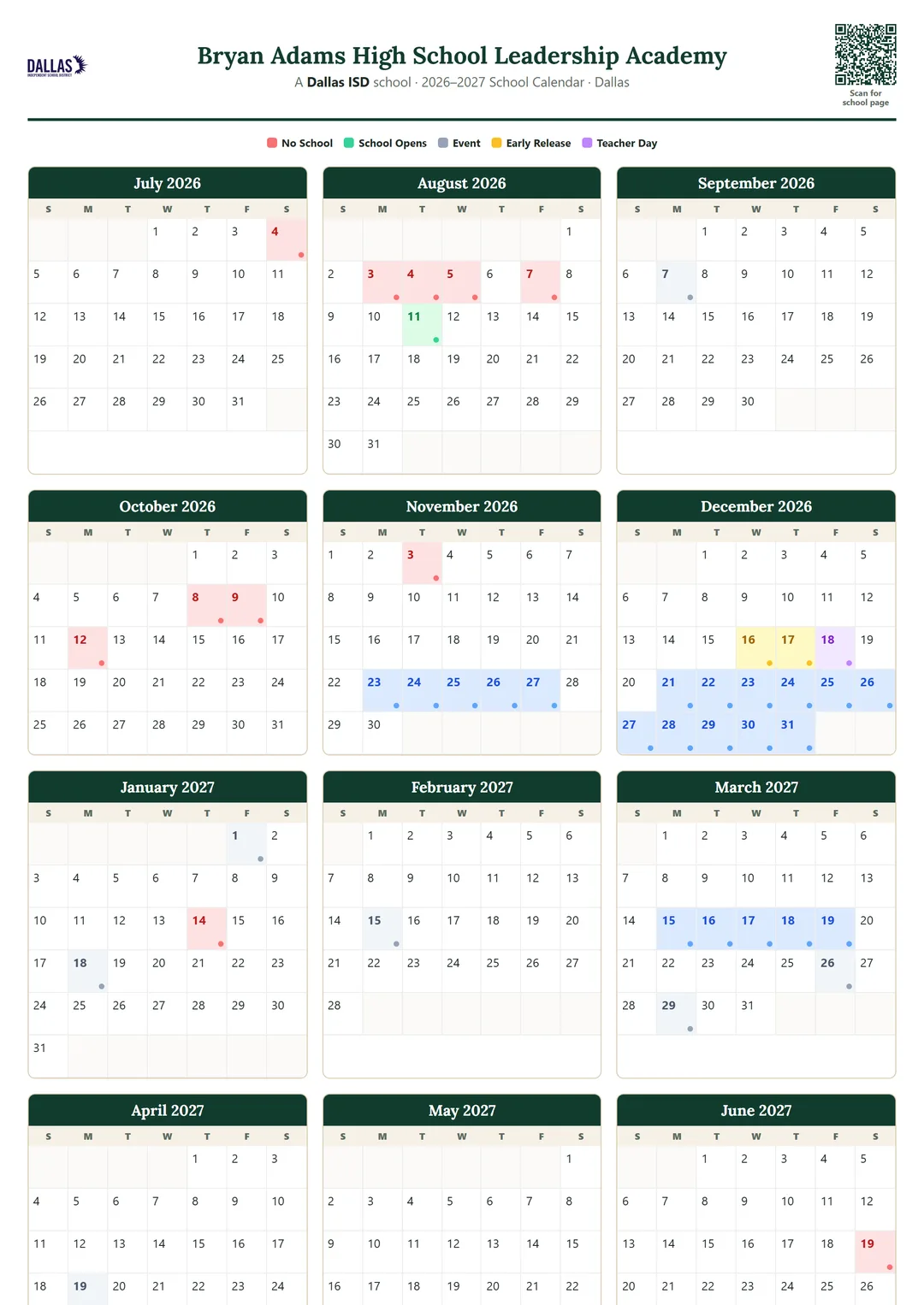 Bryan Adams High School Leadership Academy printable 2026–2027 calendar