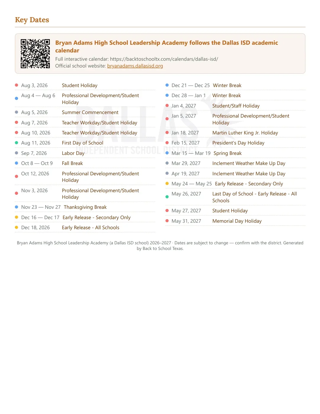 Bryan Adams High School Leadership Academy Calendar for the Year 26-27 — key dates