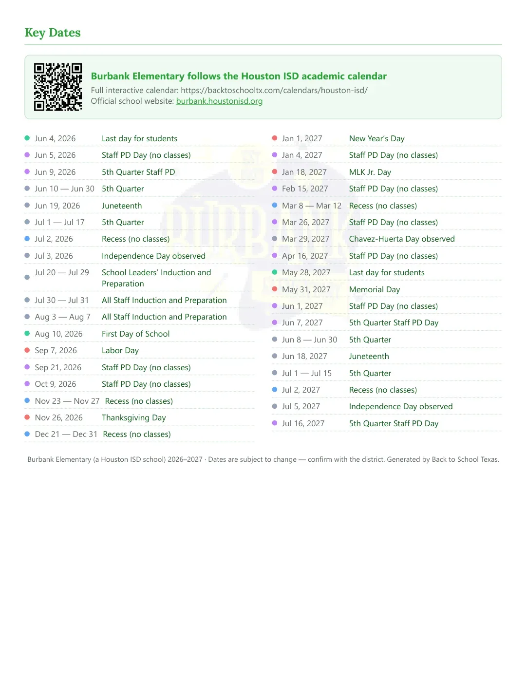 Burbank Elementary Calendar for the Year 26-27 — key dates