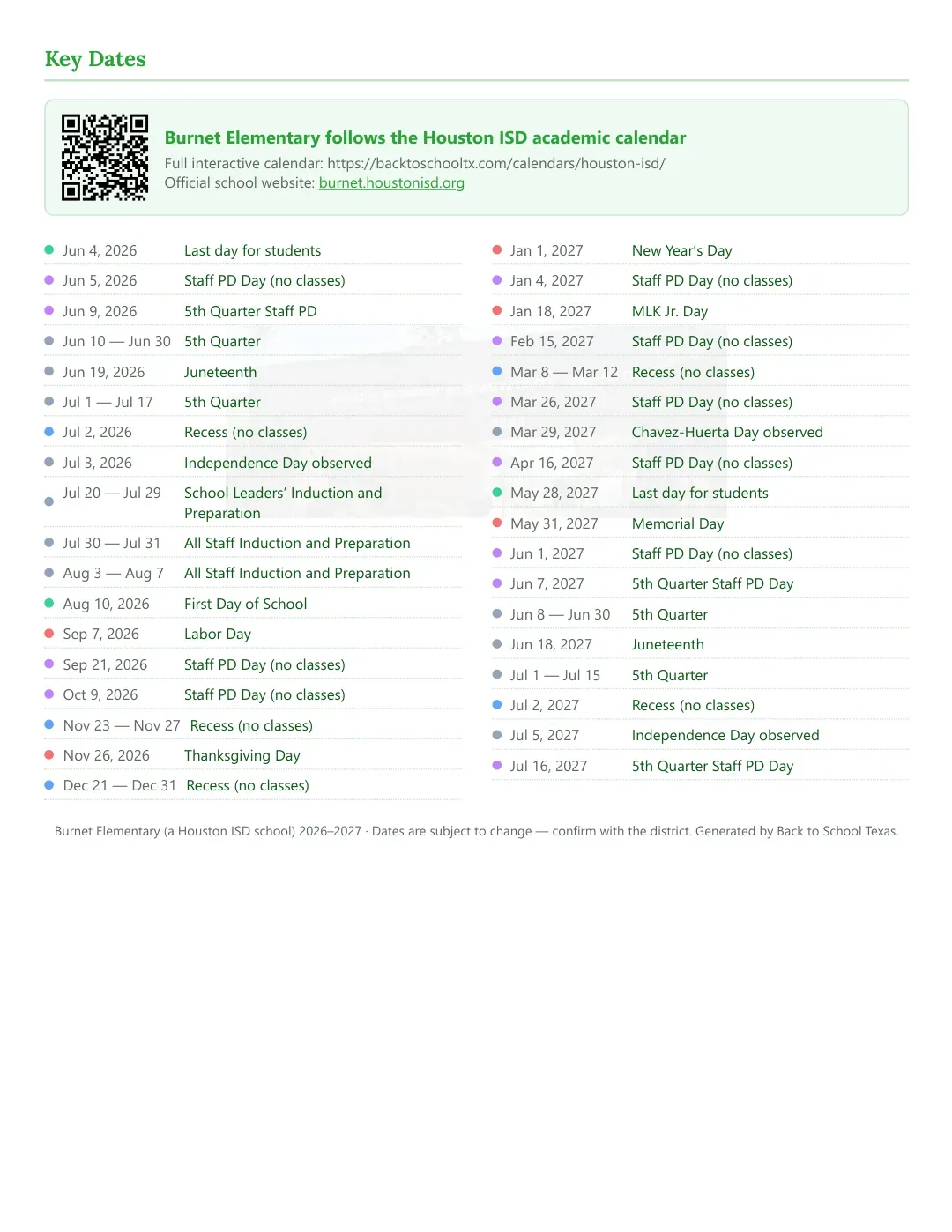 Burnet Elementary Calendar for the Year 26-27 — key dates