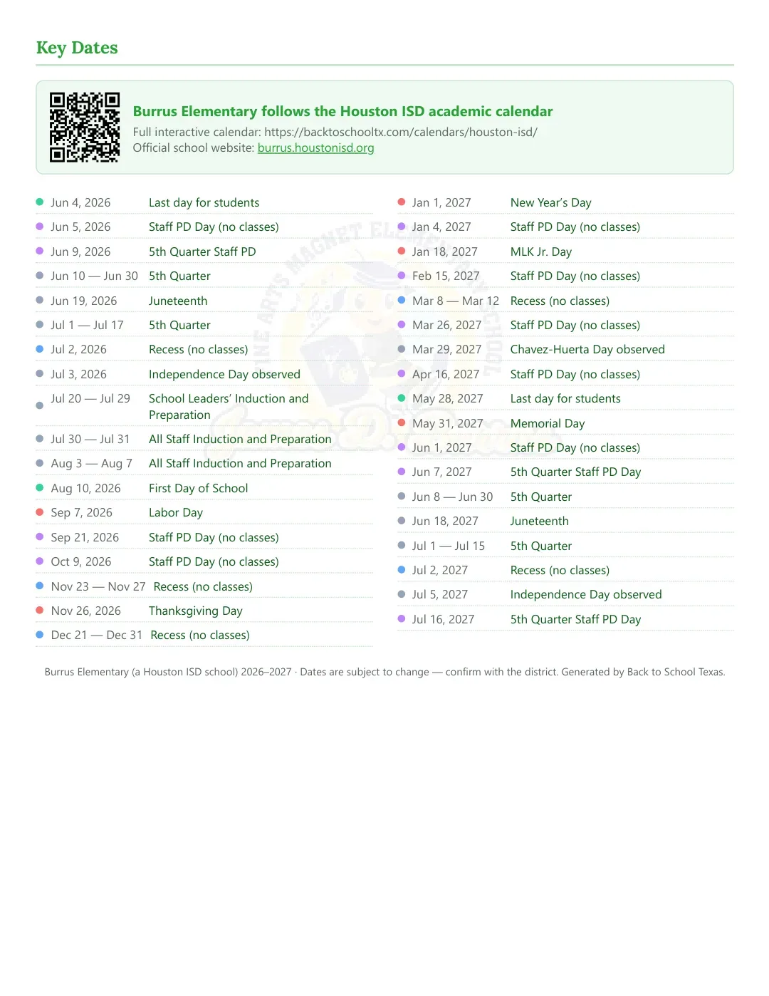 Burrus Elementary Calendar for the Year 26-27 — key dates