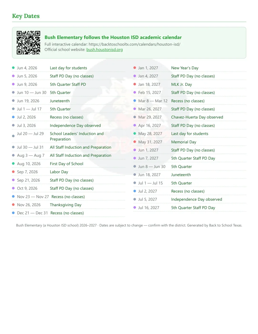Bush Elementary Calendar for the Year 26-27 — key dates