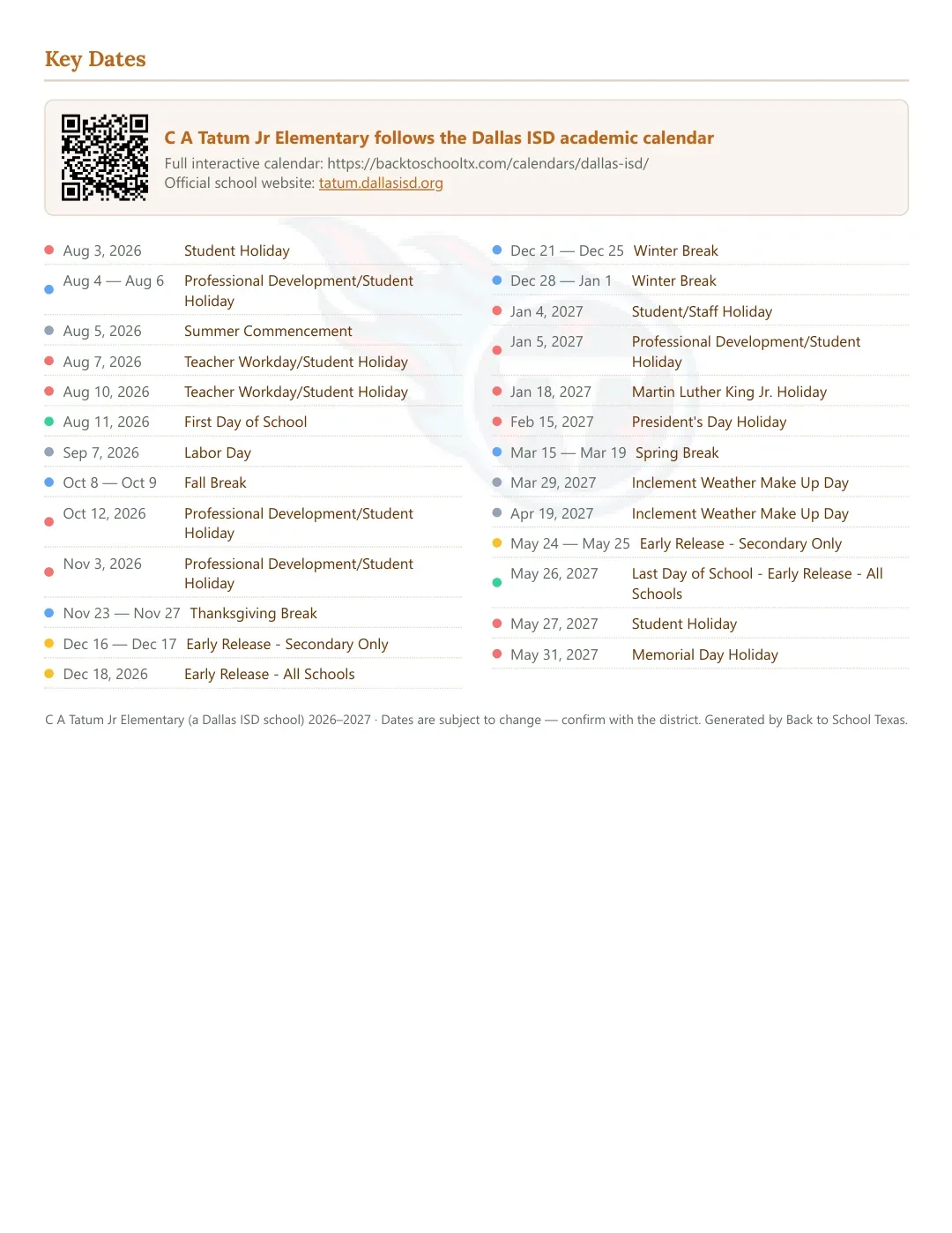 C A Tatum Jr Elementary Calendar for the Year 26-27 — key dates
