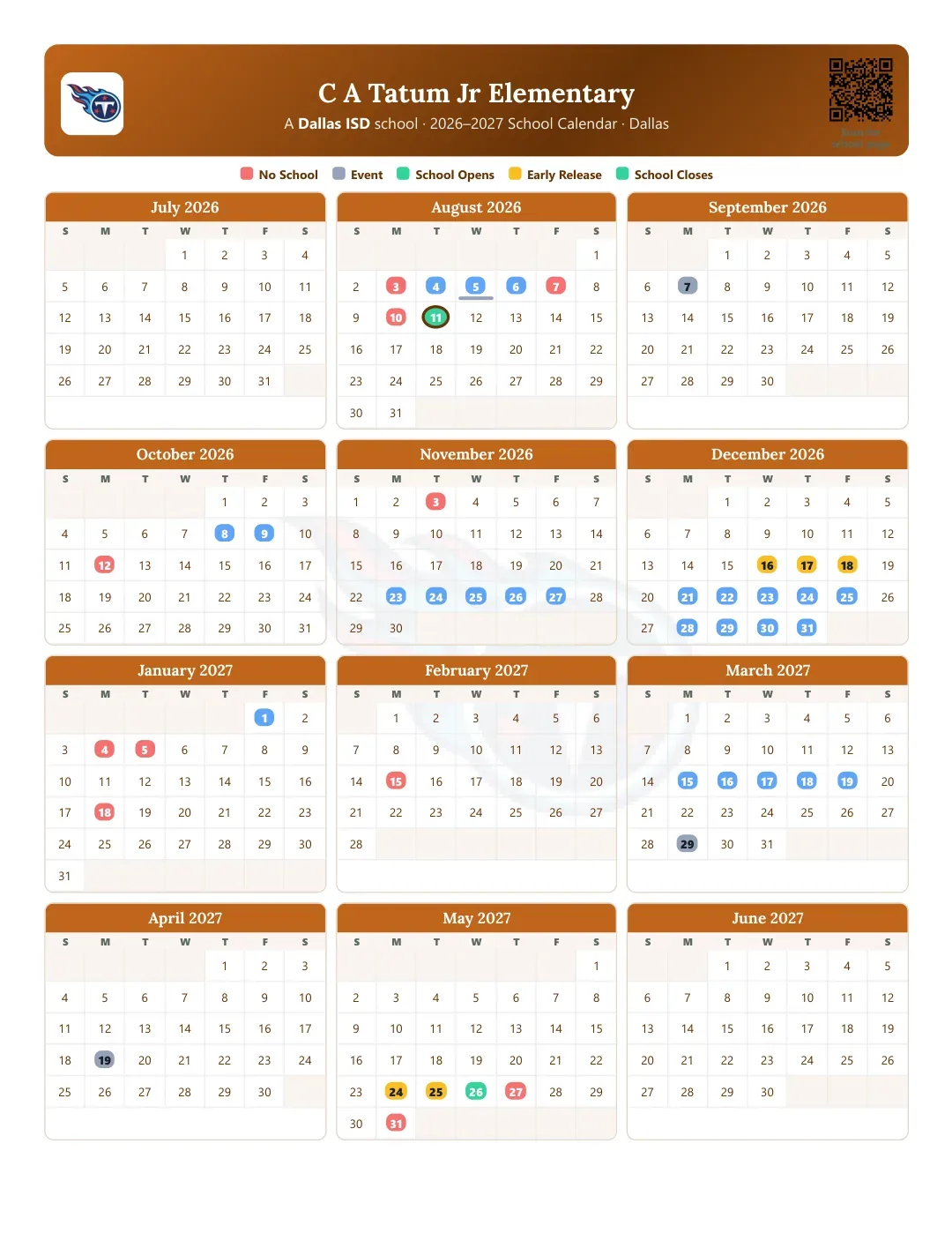 C A Tatum Jr Elementary Calendar for the Year 26-27