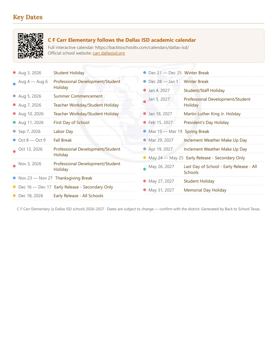 C F Carr Elementary Calendar for the Year 26-27 — key dates