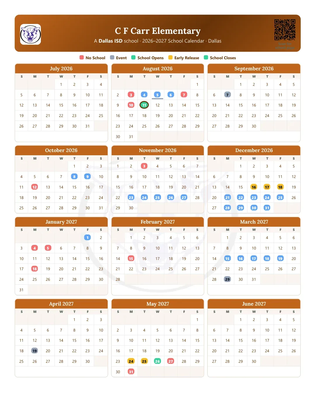 C F Carr Elementary Calendar for the Year 26-27