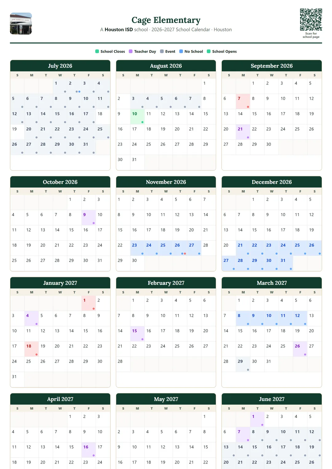Cage Elementary printable 2026–2027 calendar
