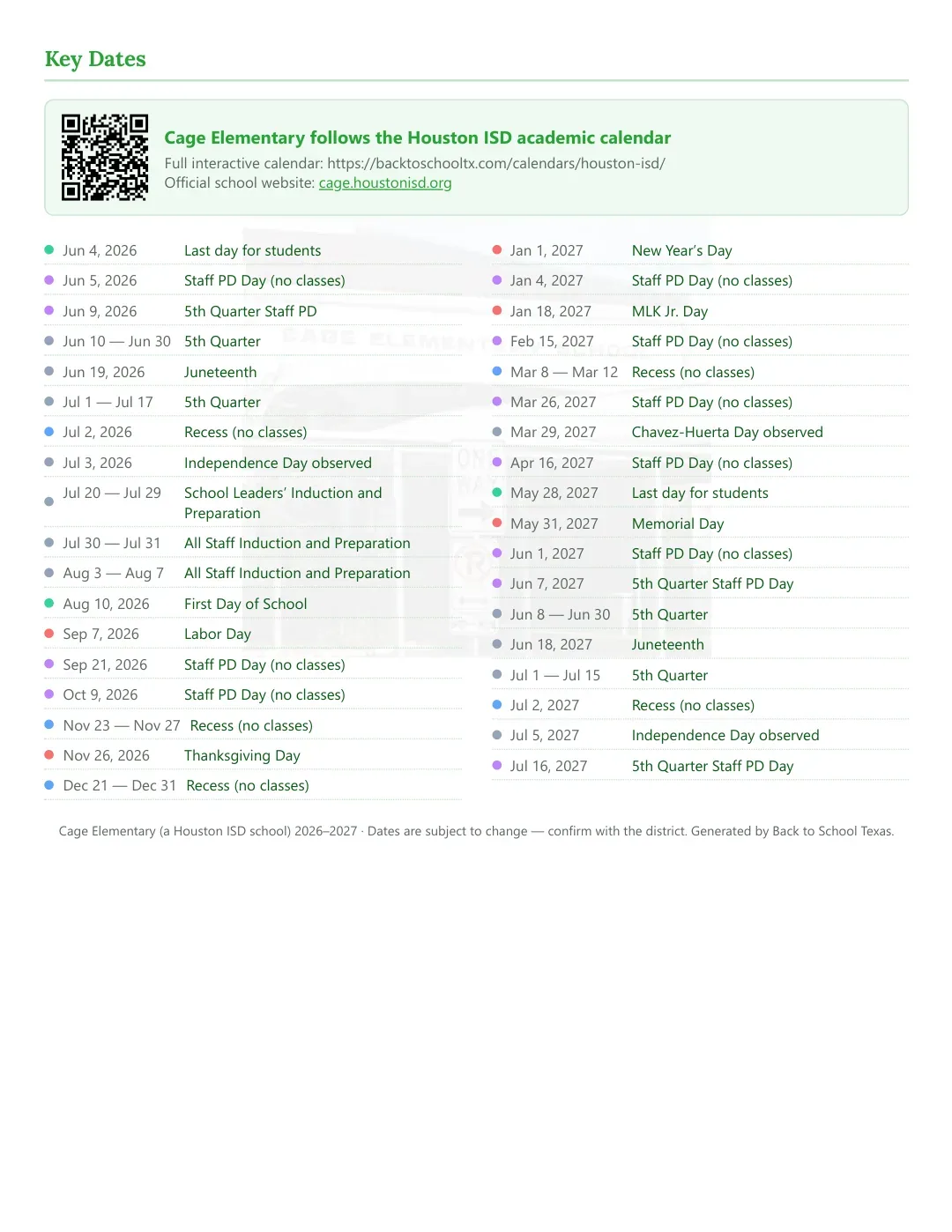 Cage Elementary Calendar for the Year 26-27 — key dates