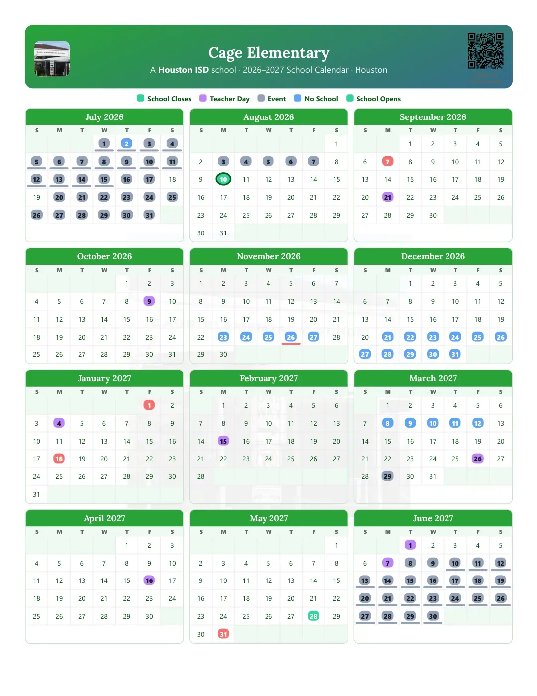 Cage Elementary Calendar for the Year 26-27