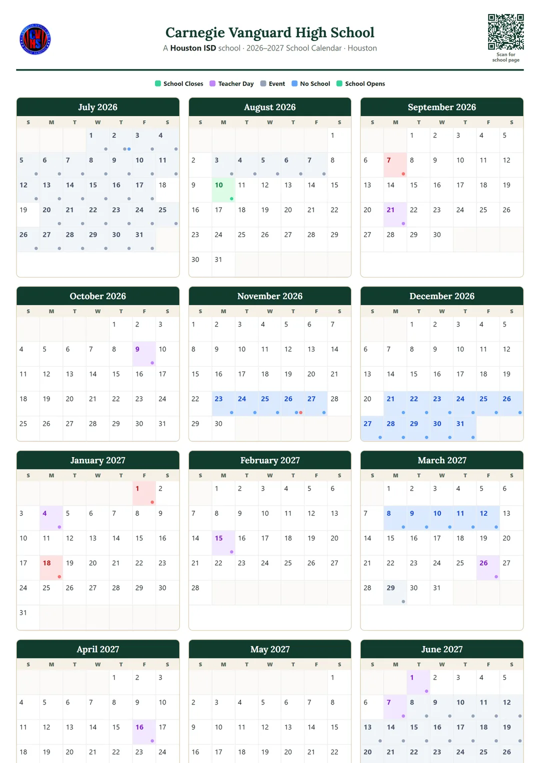 Carnegie Vanguard High School printable 2026–2027 calendar