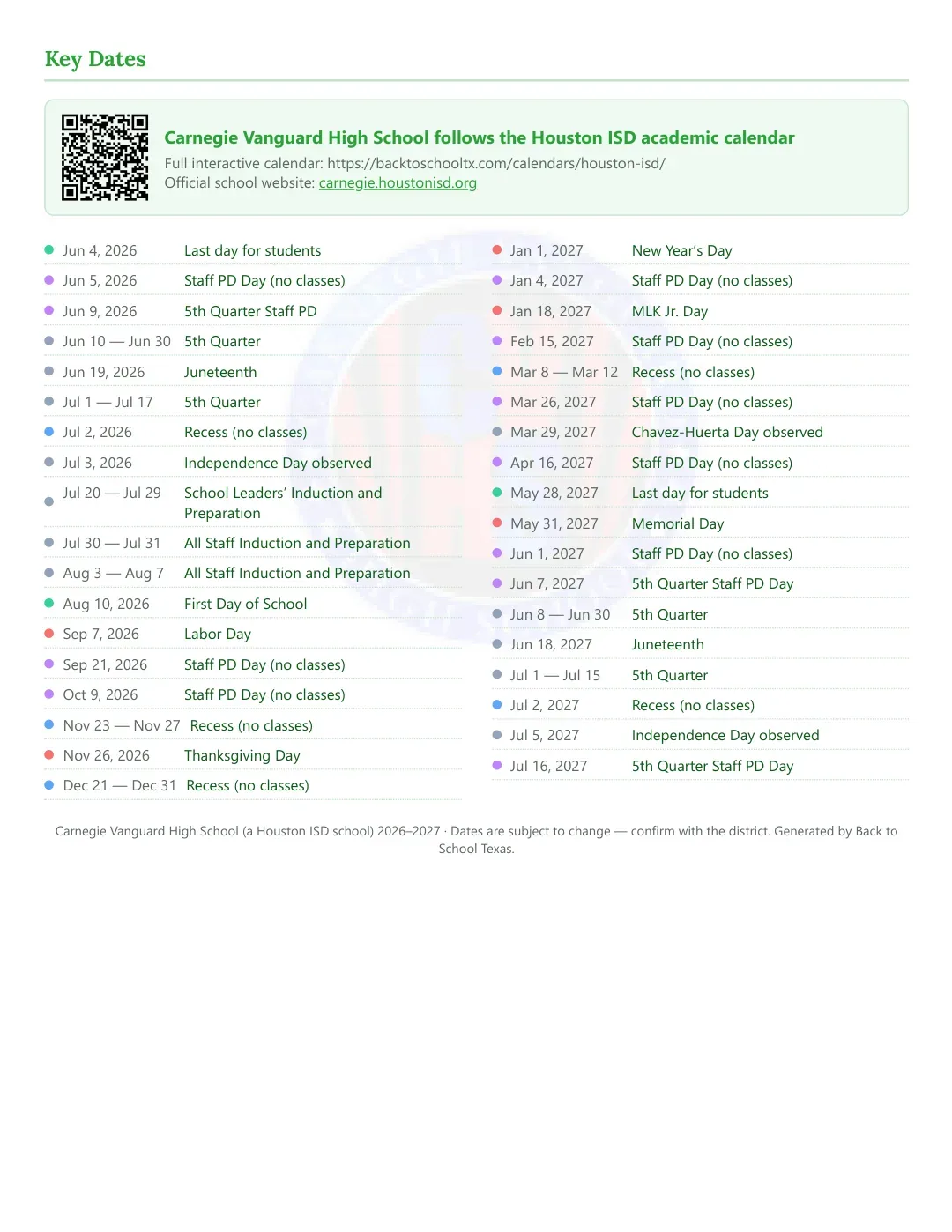 Carnegie Vanguard High School Calendar for the Year 26-27 — key dates