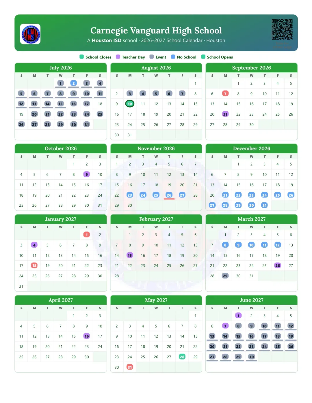 Carnegie Vanguard High School Calendar for the Year 26-27