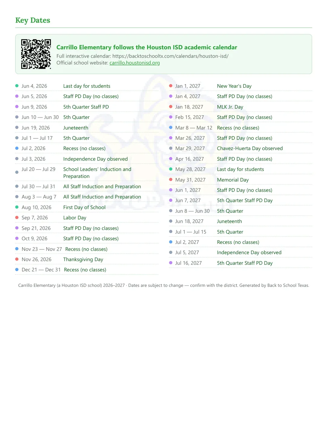 Carrillo Elementary Calendar for the Year 26-27 — key dates