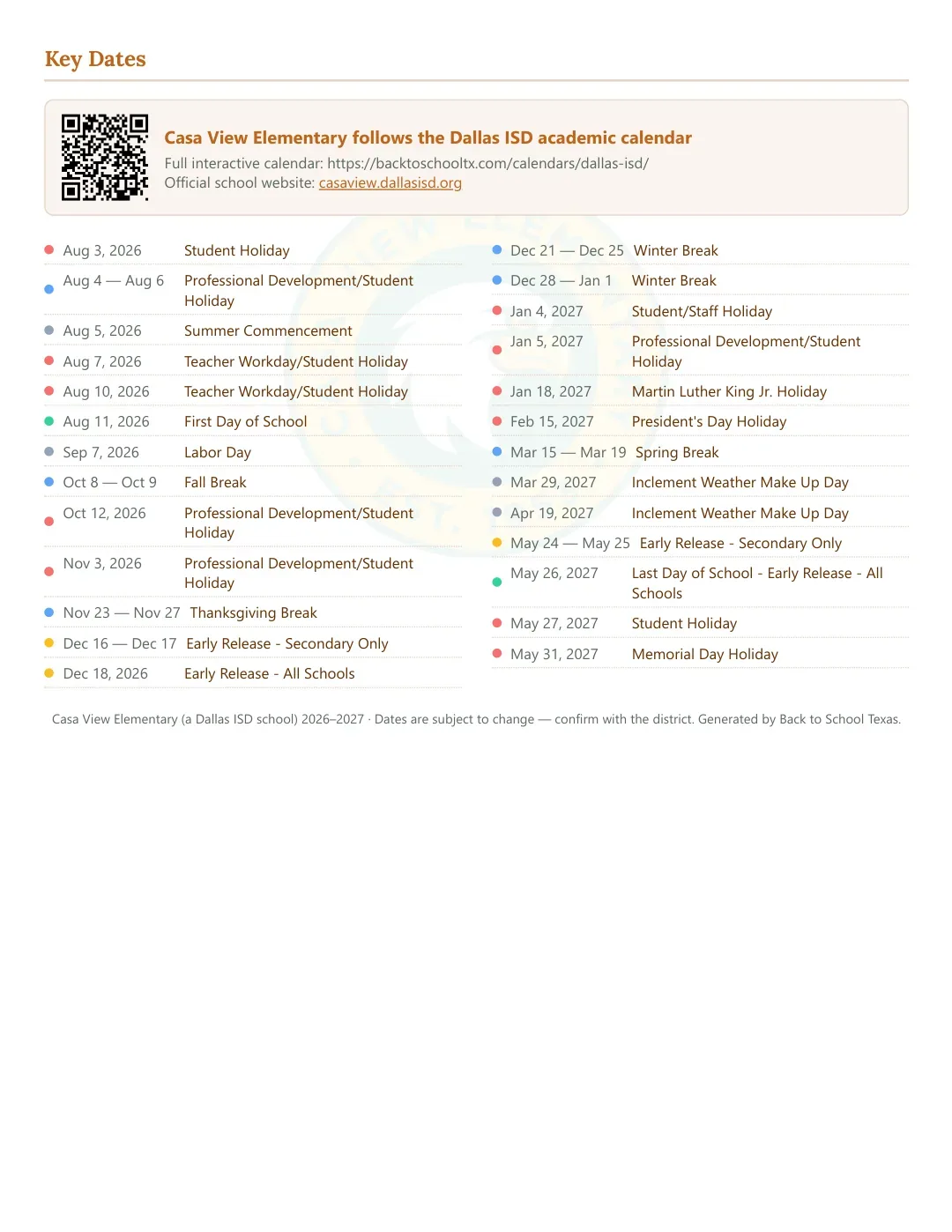Casa View Elementary Calendar for the Year 26-27 — key dates