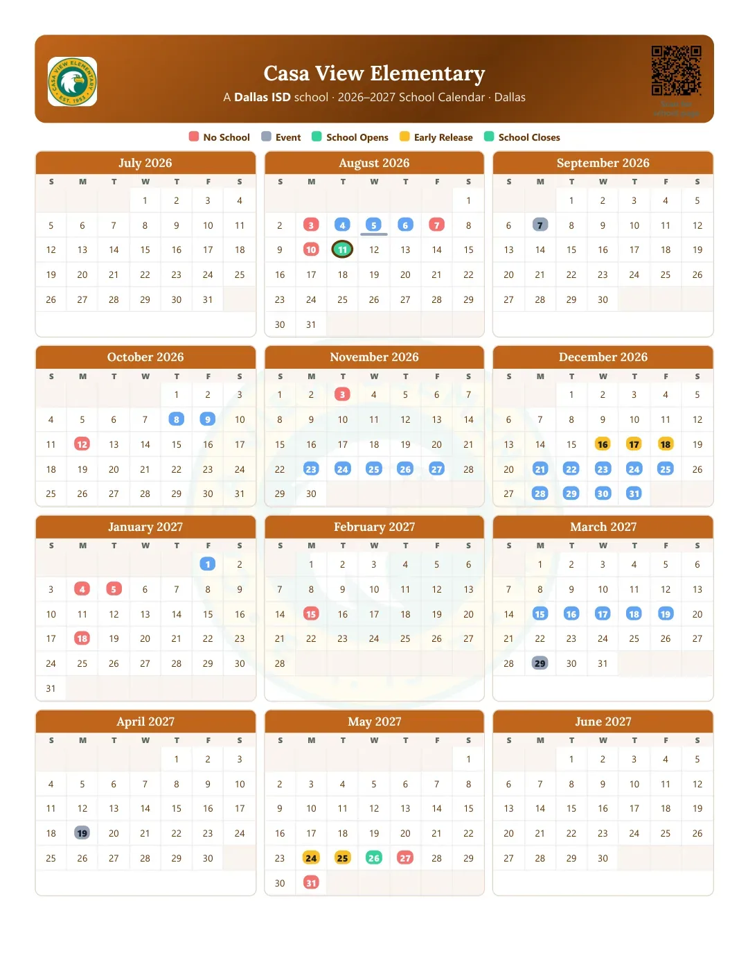 Casa View Elementary Calendar for the Year 26-27