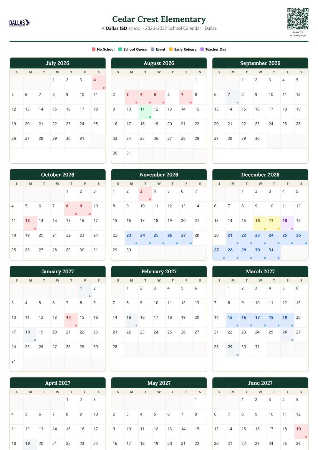 Cedar Crest Elementary printable 2026–2027 calendar