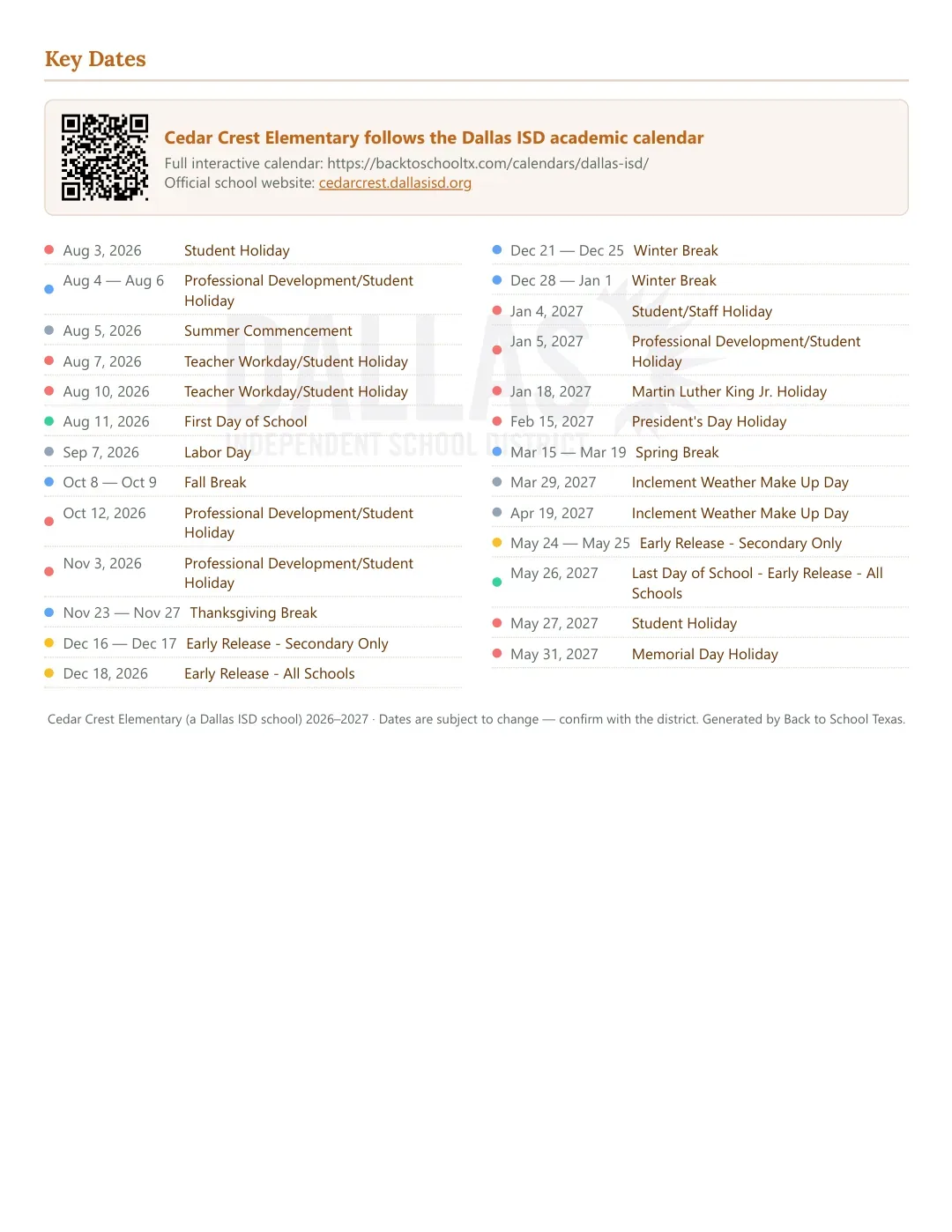 Cedar Crest Elementary Calendar for the Year 26-27 — key dates