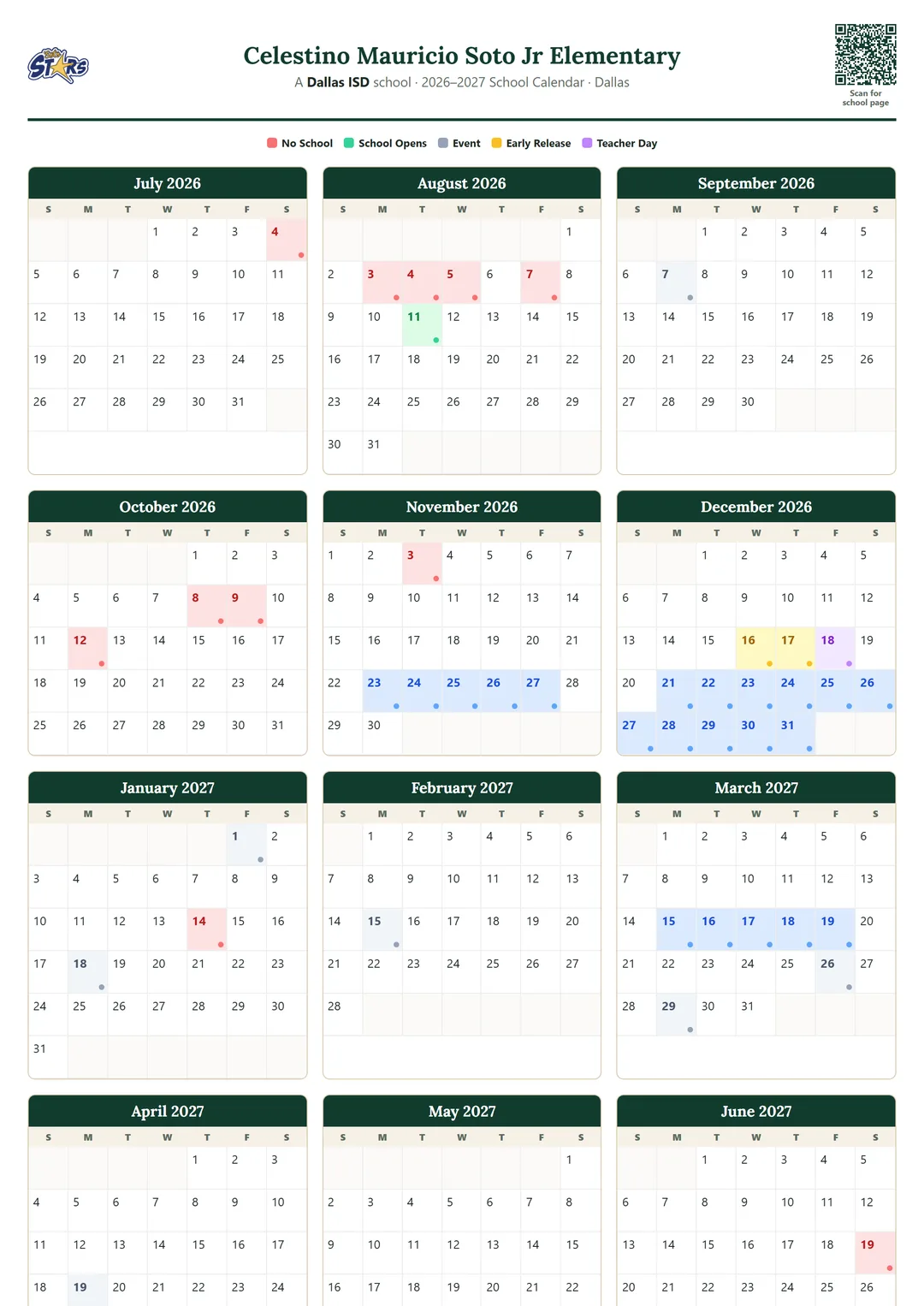 Celestino Mauricio Soto Jr Elementary printable 2026–2027 calendar