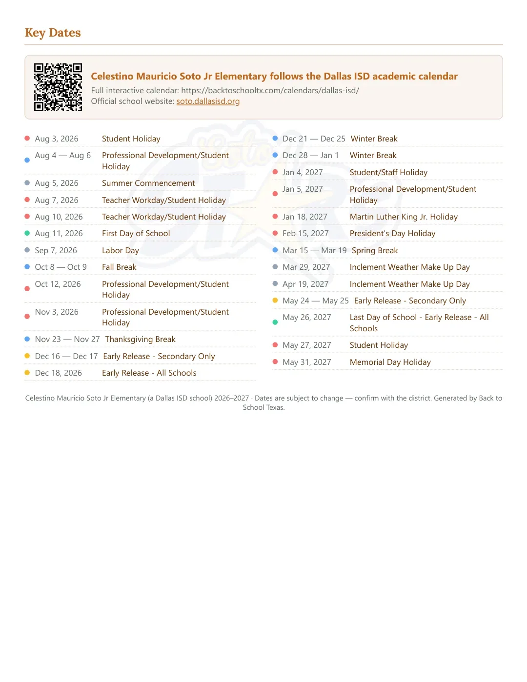 Celestino Mauricio Soto Jr Elementary Calendar for the Year 26-27 — key dates