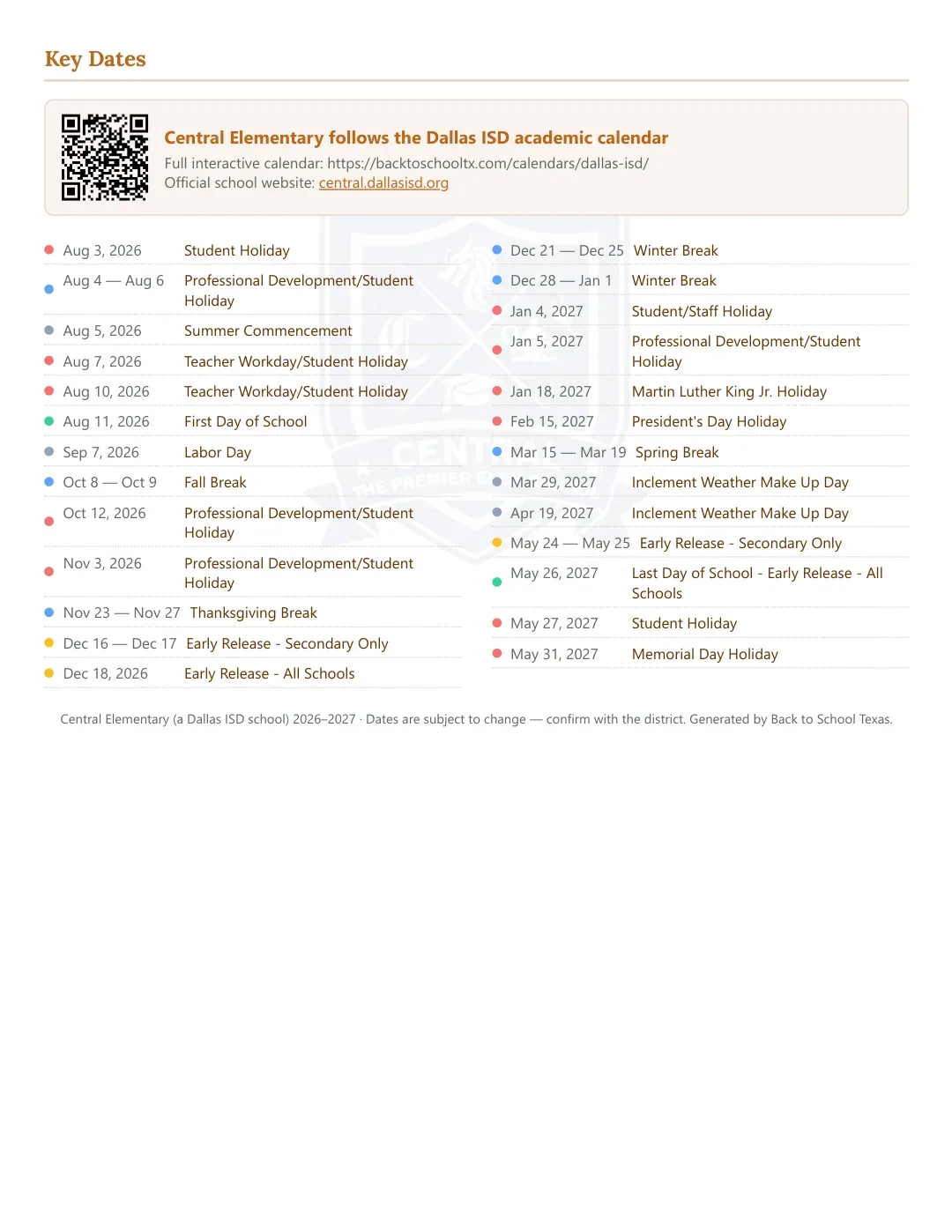 Central Elementary Calendar for the Year 26-27 — key dates