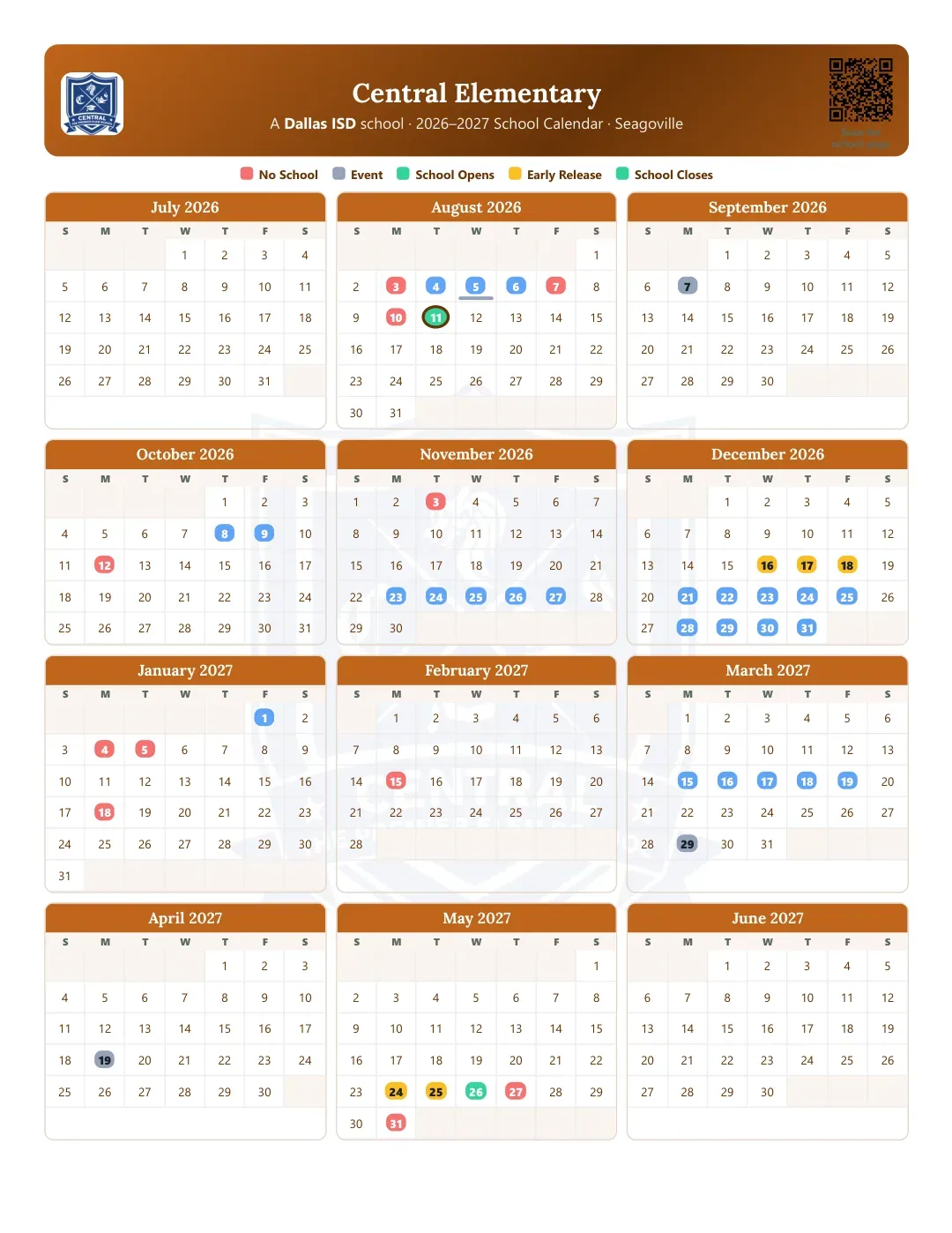 Central Elementary Calendar for the Year 26-27