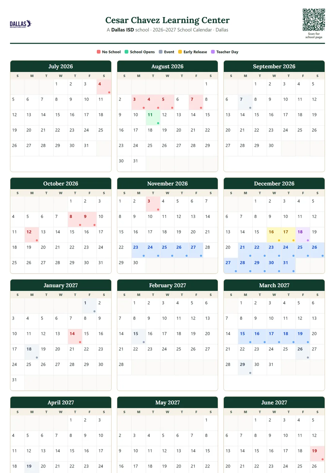 Cesar Chavez Learning Center printable 2026–2027 calendar