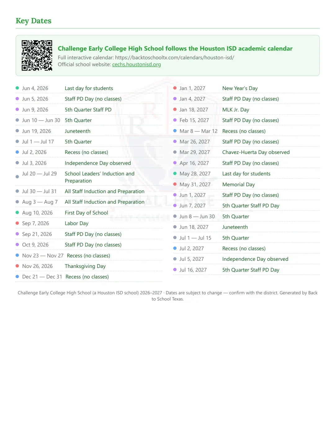Challenge Early College High School Calendar for the Year 26-27 — key dates