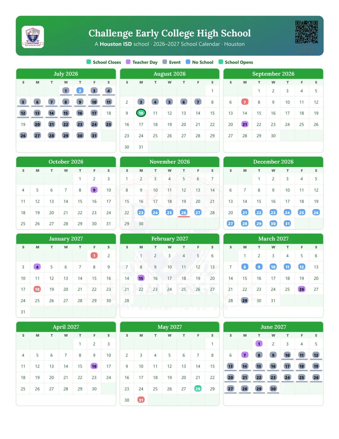 Challenge Early College High School Calendar for the Year 26-27