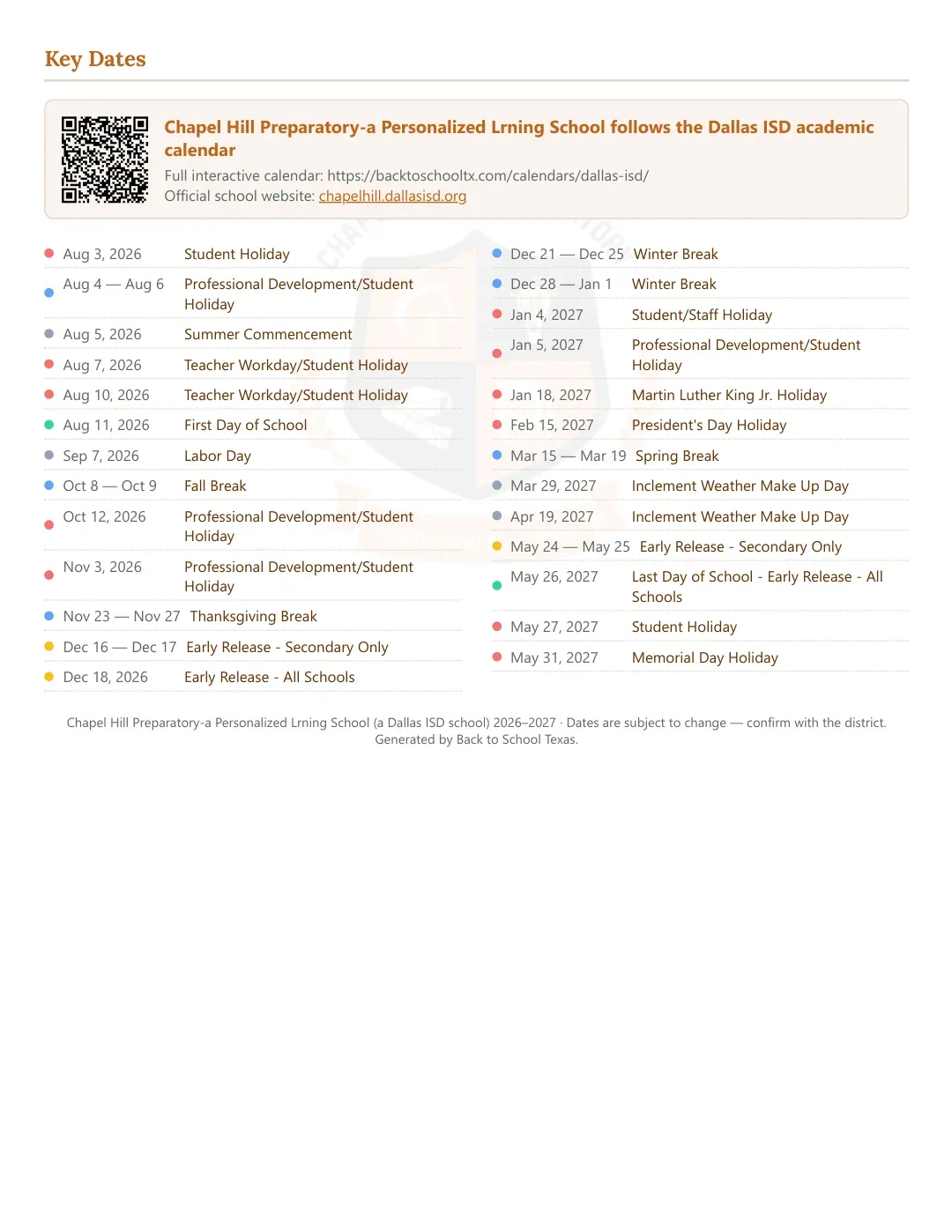 Chapel Hill Preparatory-a Personalized Lrning School Calendar for the Year 26-27 — key dates