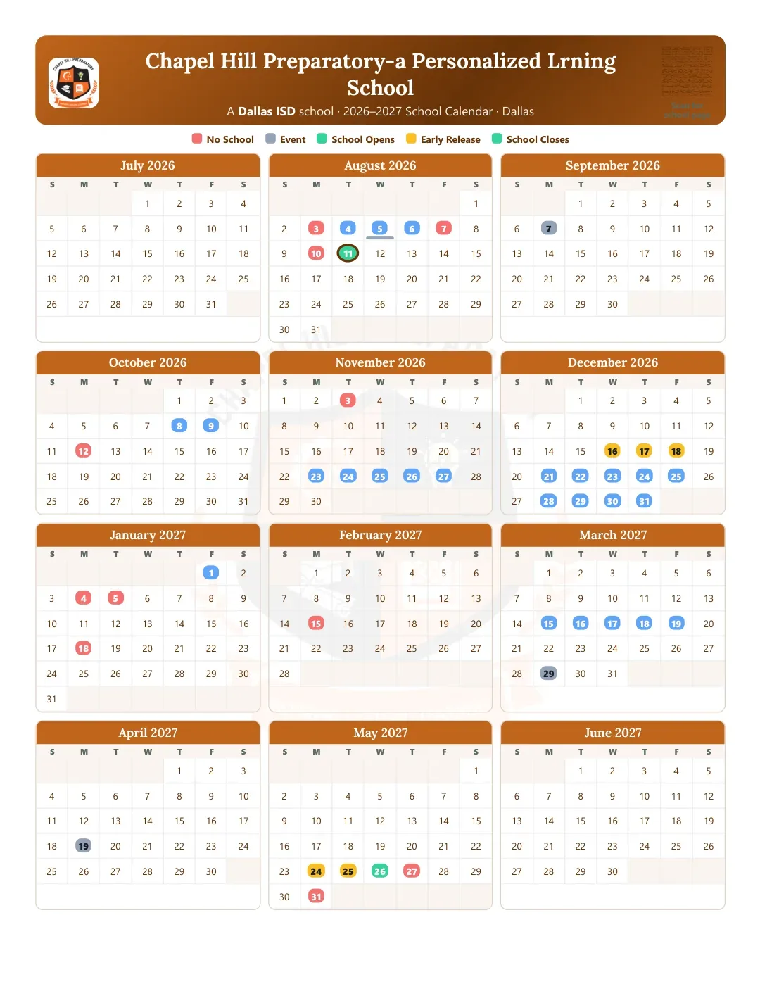 Chapel Hill Preparatory-a Personalized Lrning School Calendar for the Year 26-27