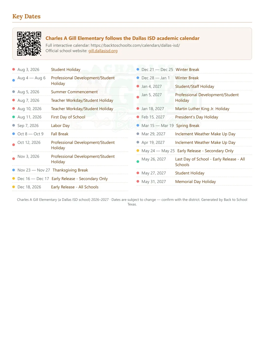 Charles A Gill Elementary Calendar for the Year 26-27 — key dates