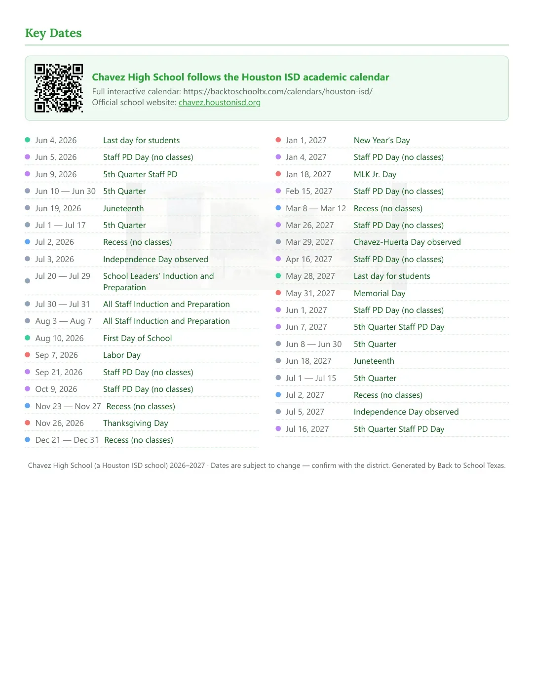 Chavez High School Calendar for the Year 26-27 — key dates
