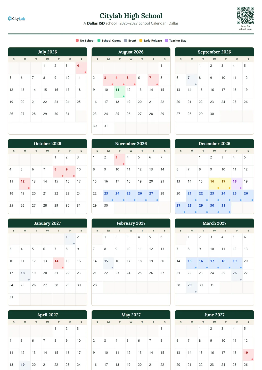 Citylab High School printable 2026–2027 calendar