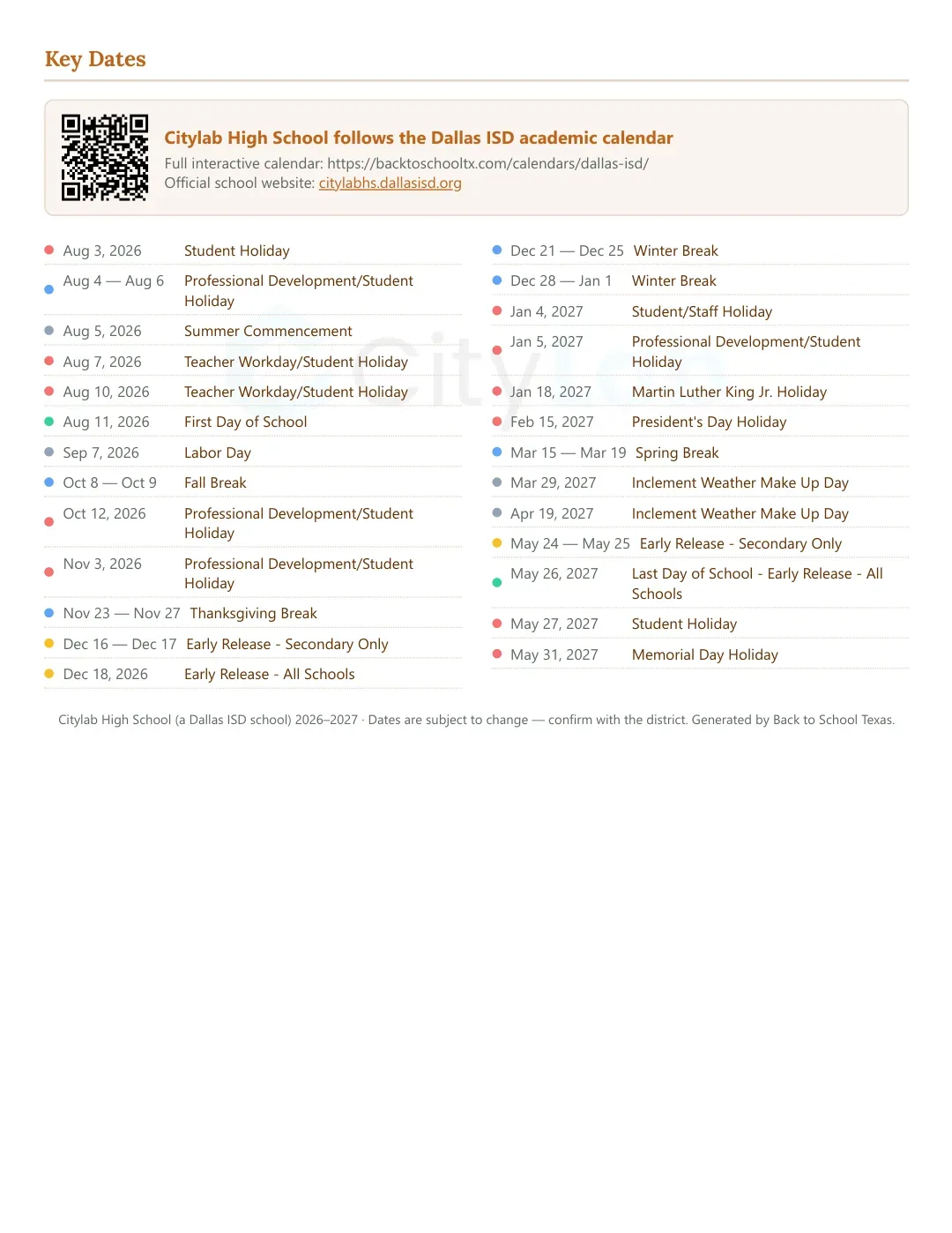 Citylab High School Calendar for the Year 26-27 — key dates