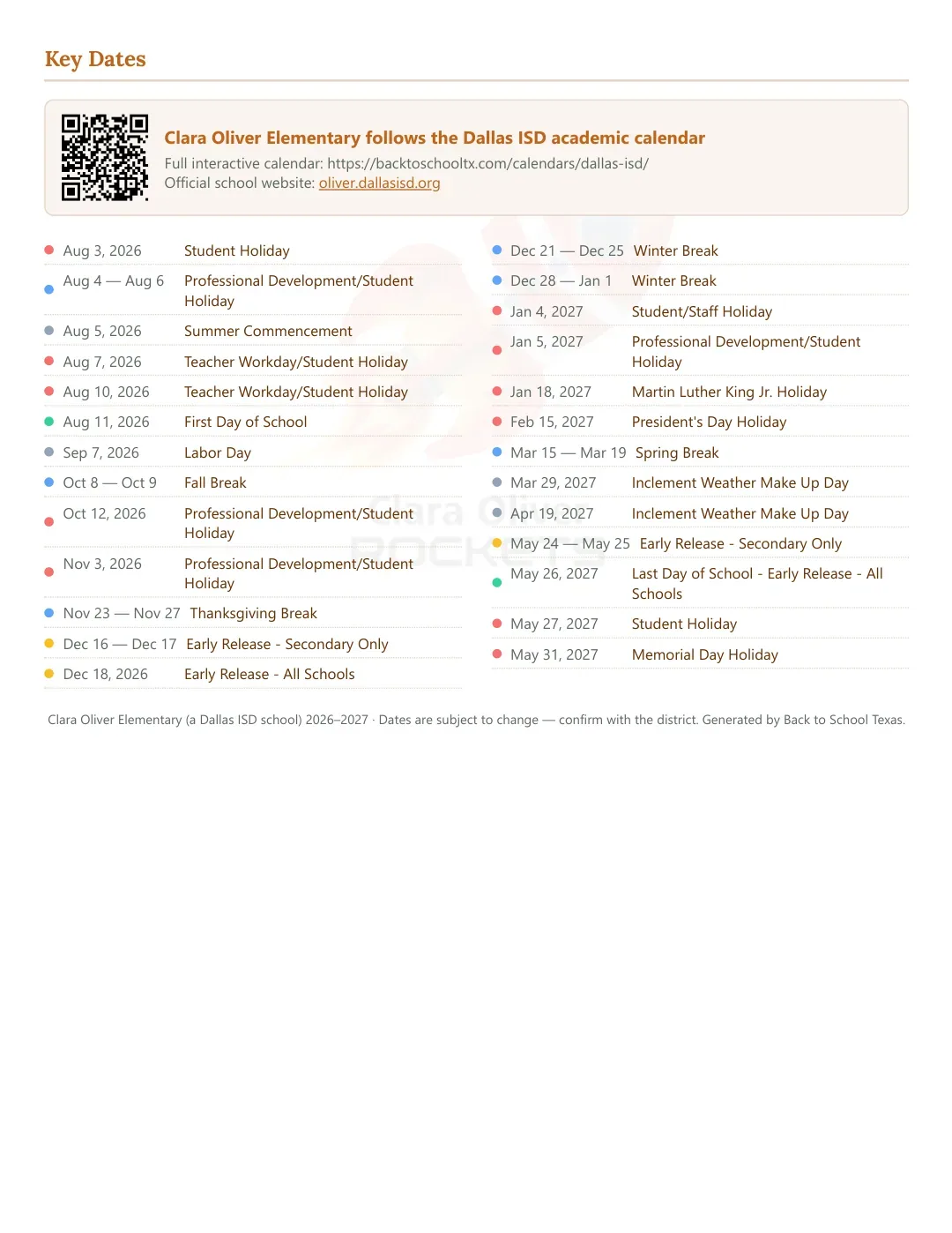 Clara Oliver Elementary Calendar for the Year 26-27 — key dates
