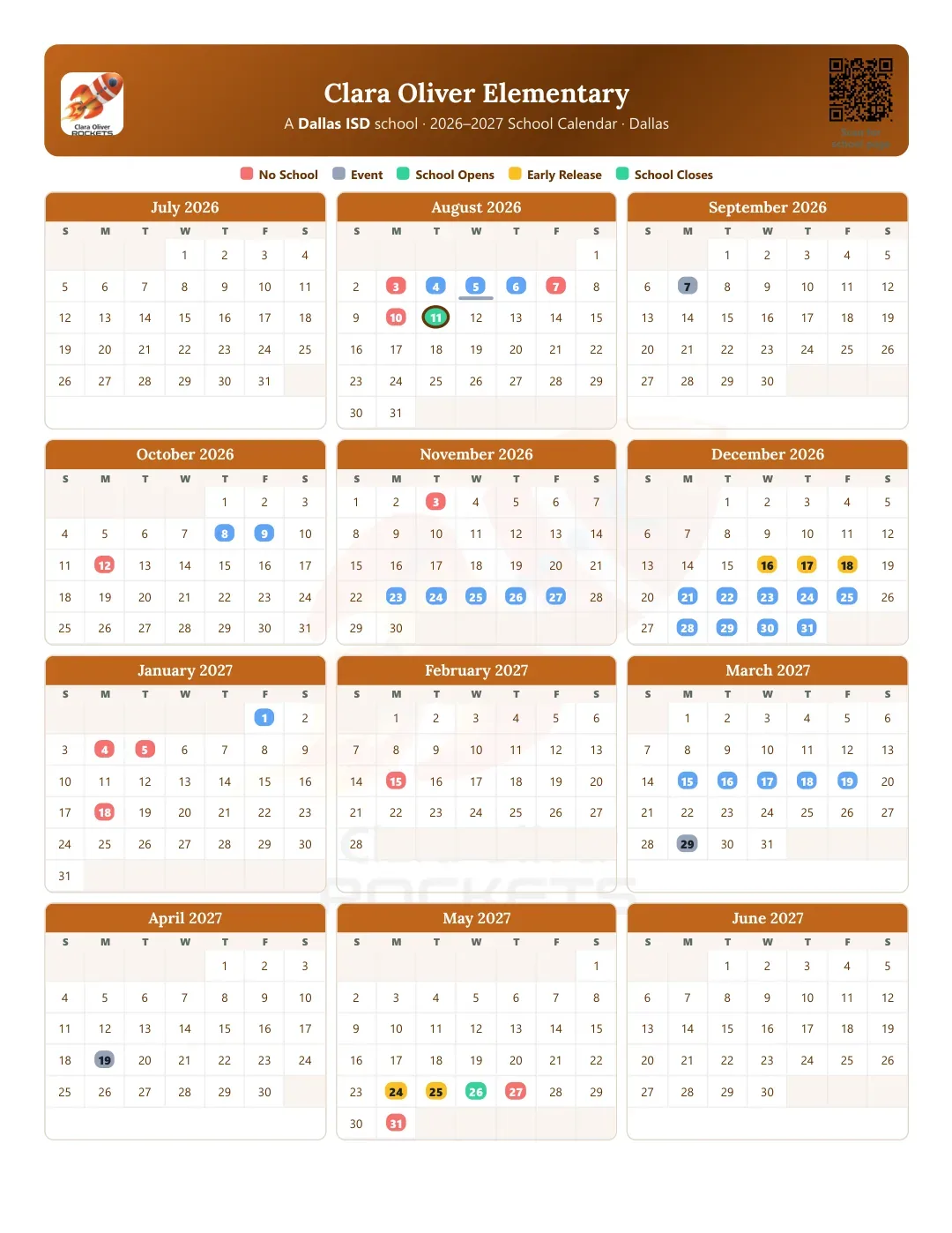 Clara Oliver Elementary Calendar for the Year 26-27
