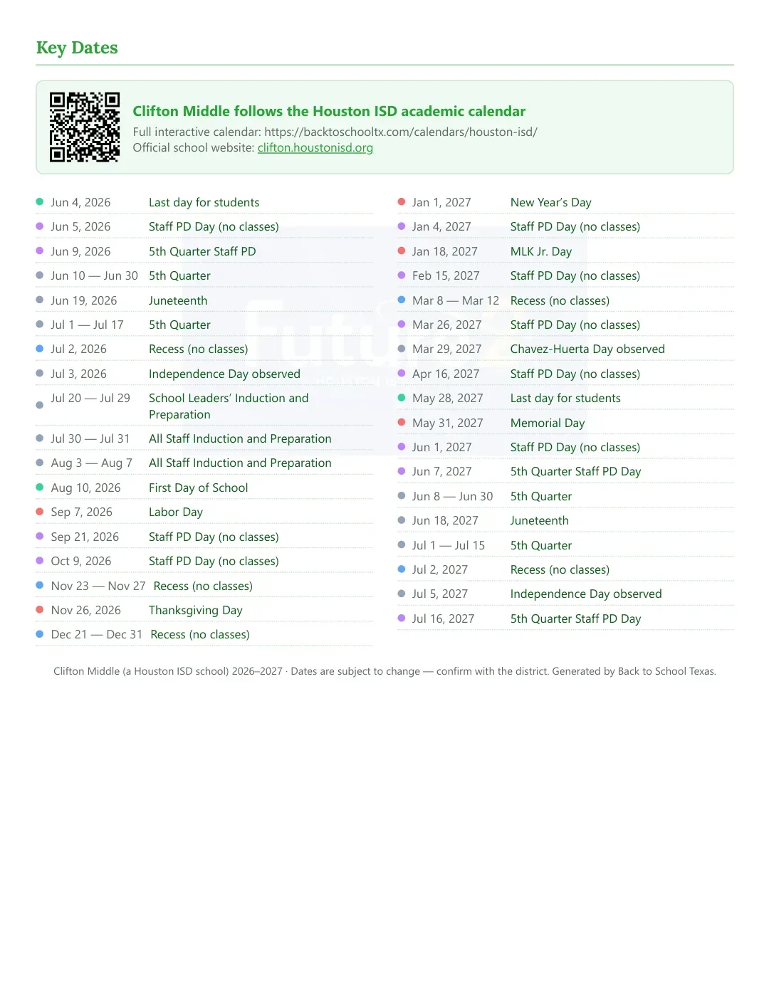 Clifton Middle Calendar for the Year 26-27 — key dates