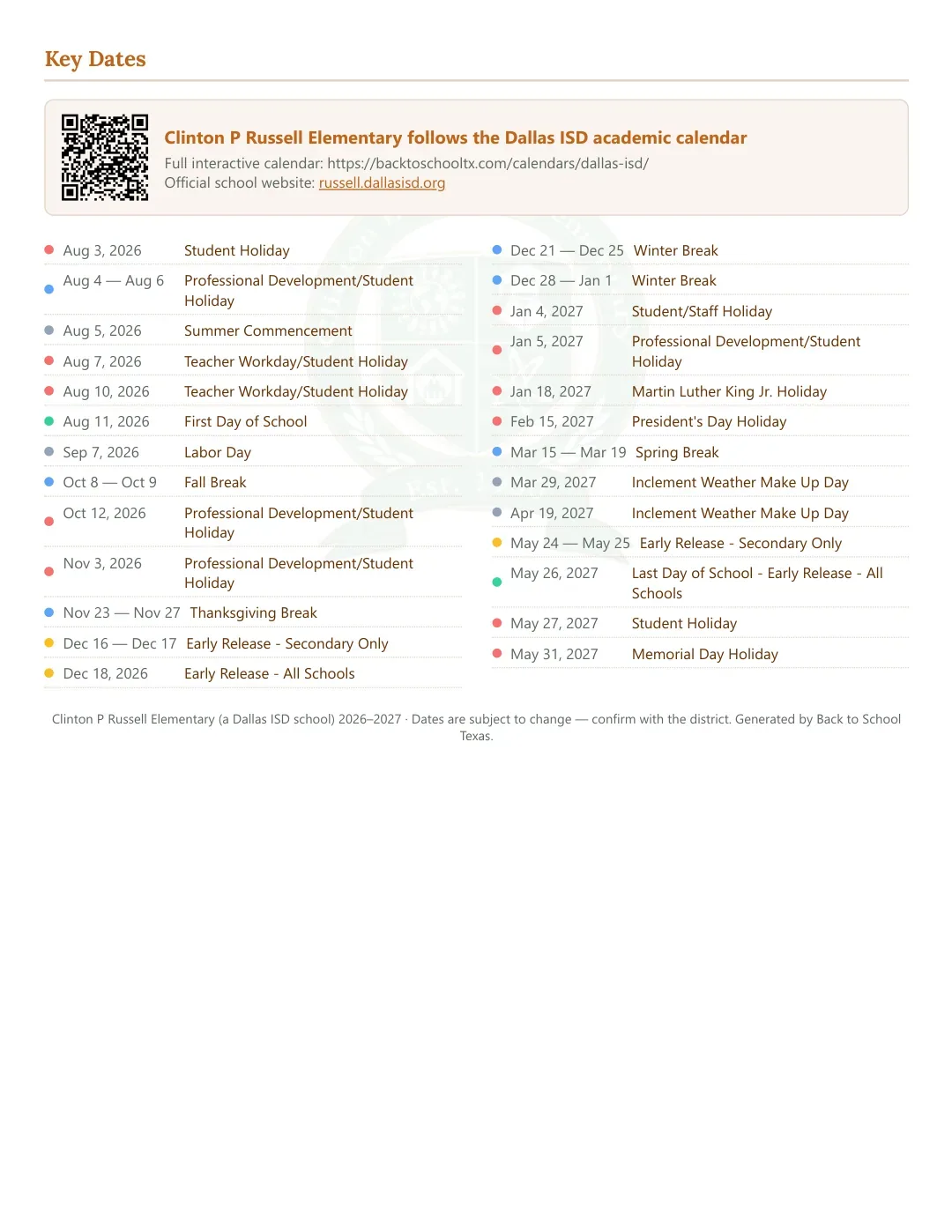 Clinton P Russell Elementary Calendar for the Year 26-27 — key dates