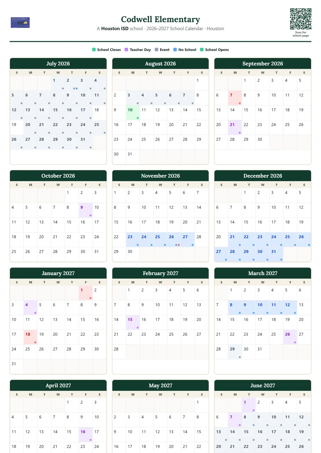 Codwell Elementary printable 2026–2027 calendar
